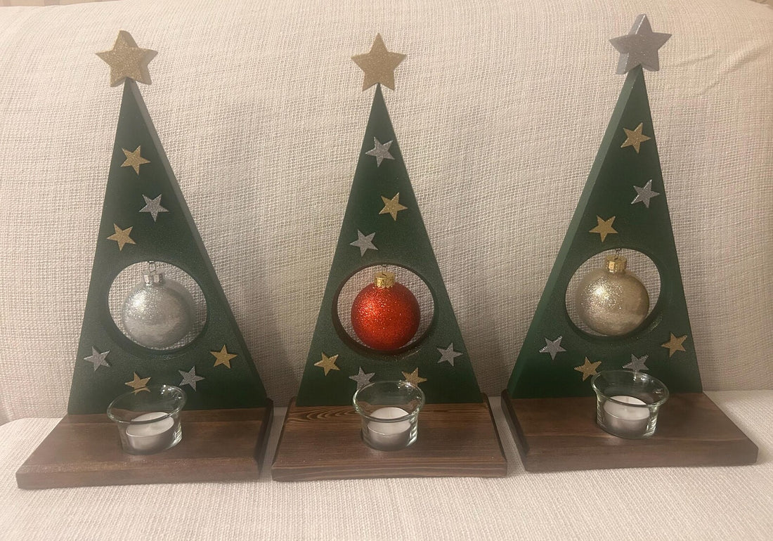 Wooden Christmas Tree w/Ornamet and Votive