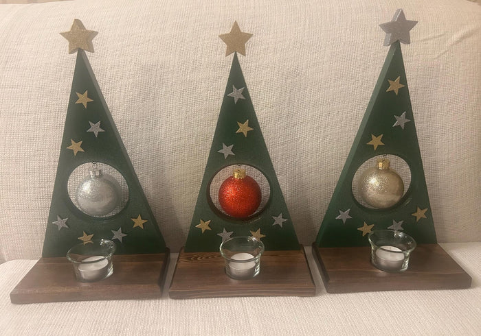 Wooden Christmas Tree w/Ornamet and Votive