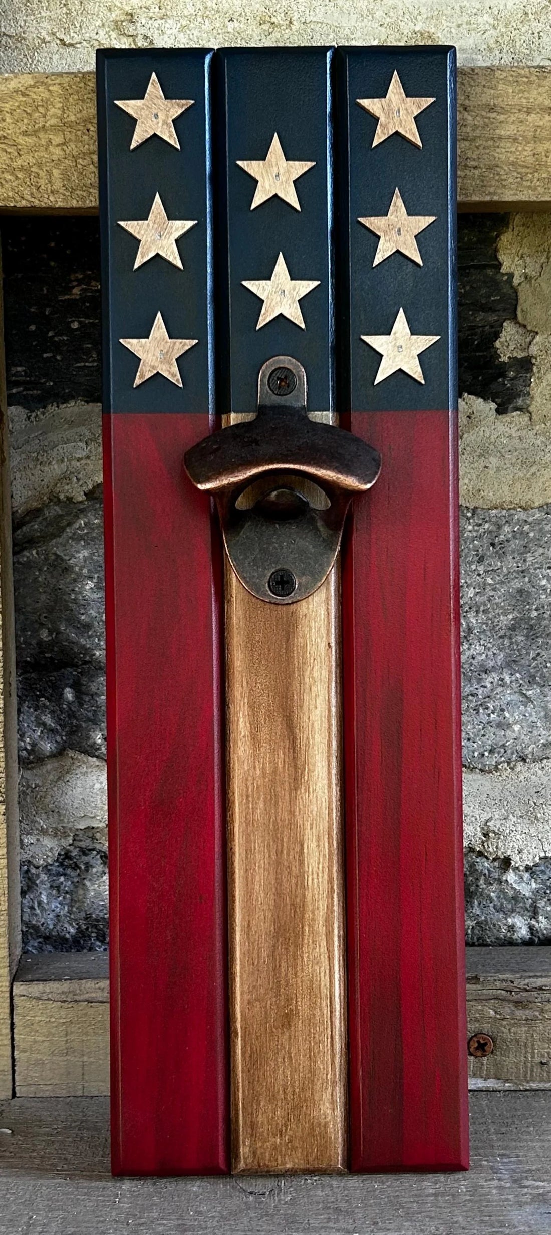 Rustic American Flag Bottle Opener w/ Magnetic Catch